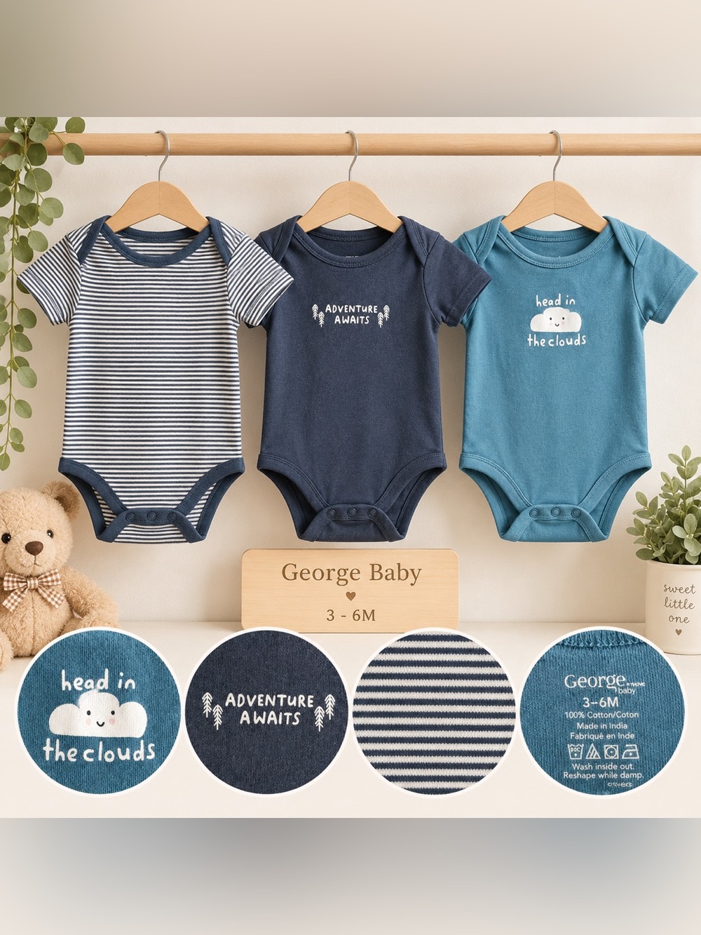 George Baby 3–6M 3-Piece Bodysuit Bundle Blue Striped Graphic Onesies